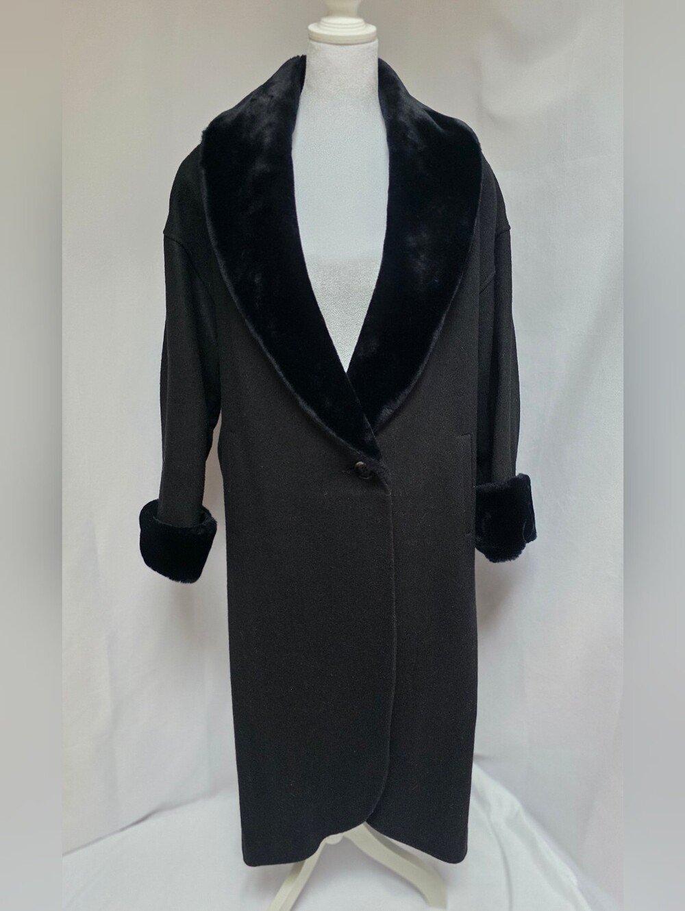 Vintage Miss New Yorker Wool Coat Black Faux Fur Collar Cuffs Longline